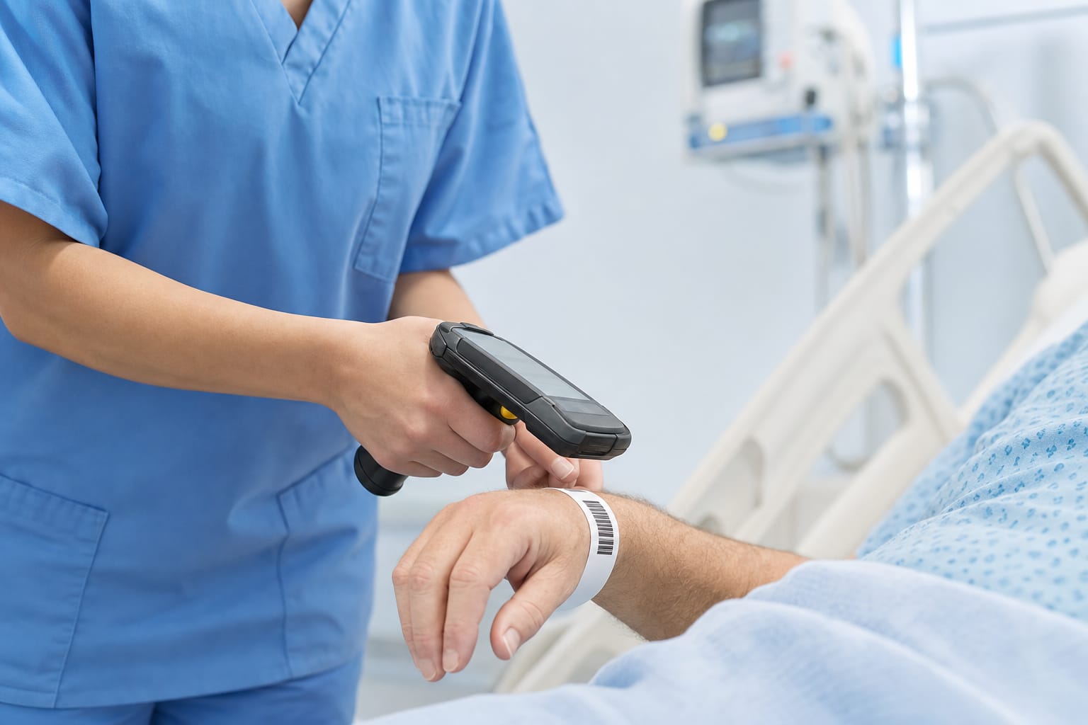 Nurse scanning a patient's barcode wristband with a rugged handheld scanner at a hospital bedside