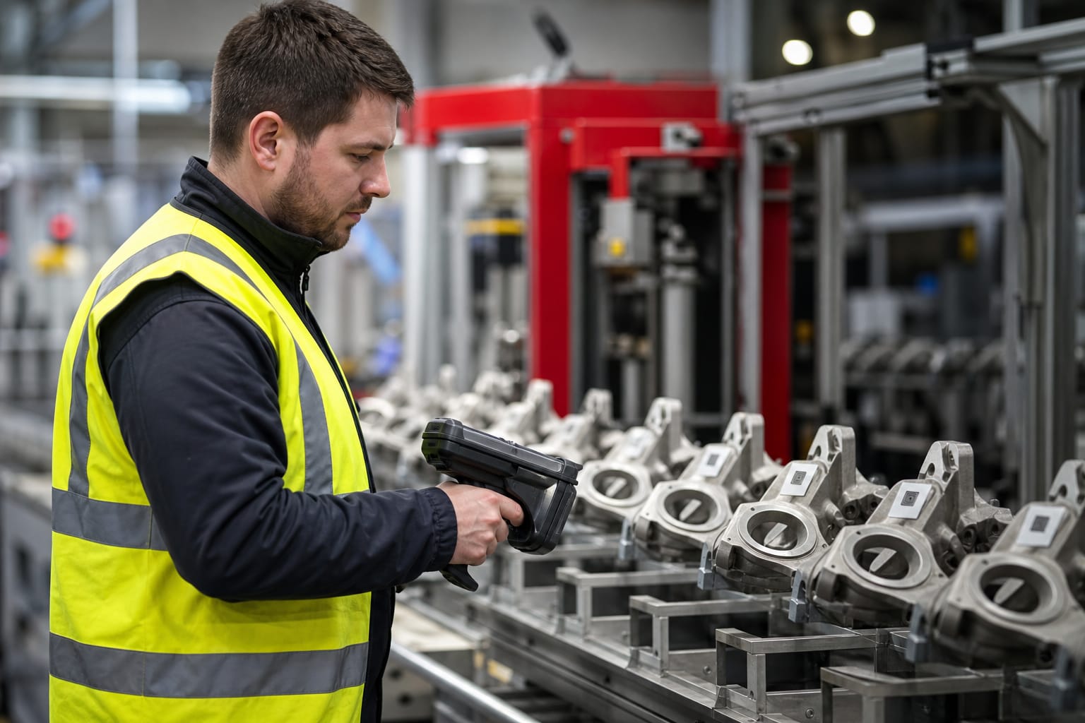 Factory worker in a hi-vis vest scanning RFID-tagged work-in-process parts on a production line